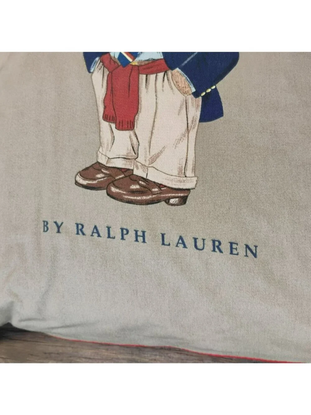 Vintage 1990s Ralph Lauren Polo Bear Pillow, Khaki Twill Canvas Red Trim, Preppy